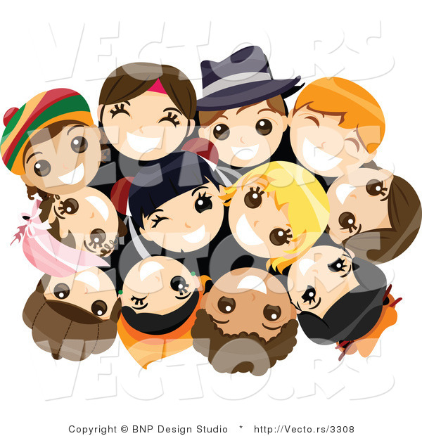 Vector of Group of Happy Young Kids in a Huddle, Looking up