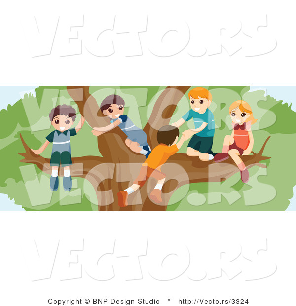 Vector of Group of Kids Playing in a Big Tree