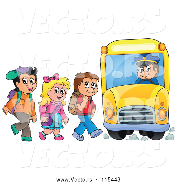 Vector of Group of School Children Boarding a Bus
