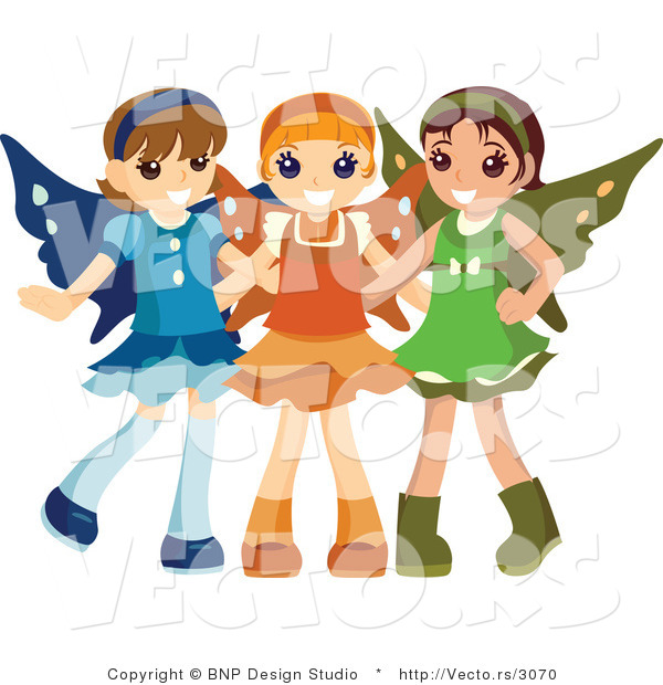 Vector of Group of Three Happy Girls Wearing Fairy Costumes