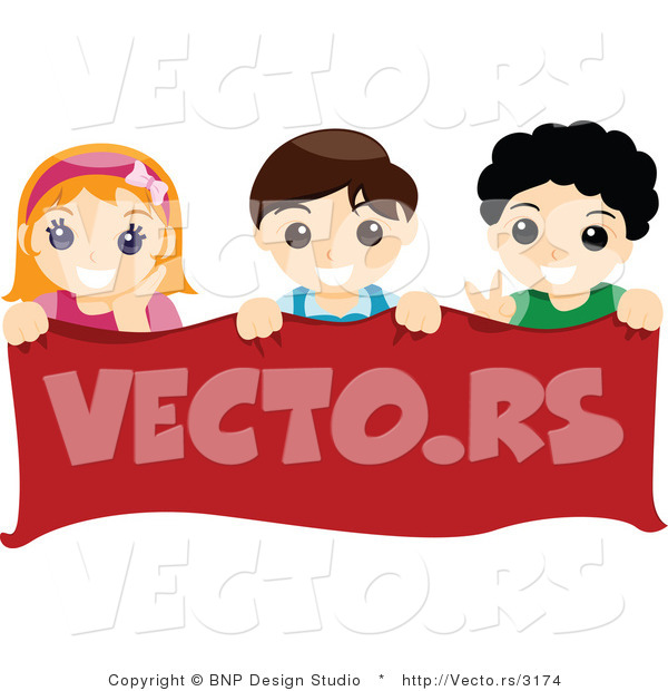 Vector of Group of Young Boys and a Girl Holding a Blank Red Banner