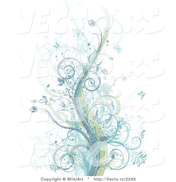 Vector of Grunge Pastel Blue, Purple and Green Vines Among Splatters and Butterflies - Background Design