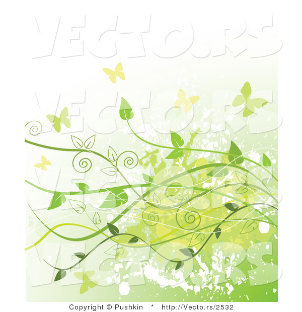 Vector of Grungy Green Background with Vines and Butterflies