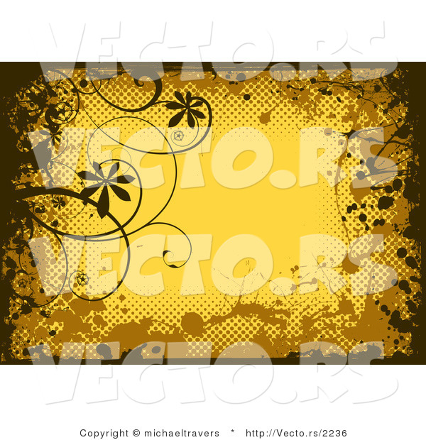Vector of Grungy Yellow Background Design Bordered with Black and Brown Grunge Splatters, Halftone and Vines