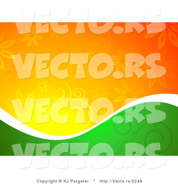Vector of Half Green and Orange Floral Background Design Divided by a Thin White Wavy Band