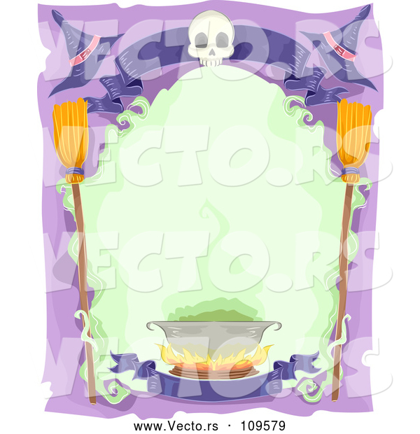 Vector of Halloween Frame with a Skull, Banner, Witch Hats, Broomsticks and Cauldron