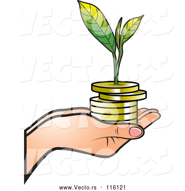 Vector of Hand Holding a Stack of Gold Coins and a Seedling