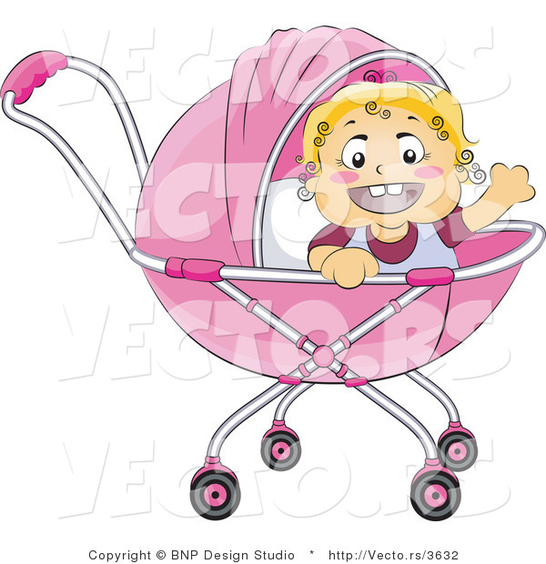 Vector of Happy Baby Girl Waving in a Pink Baby Pram Stroller