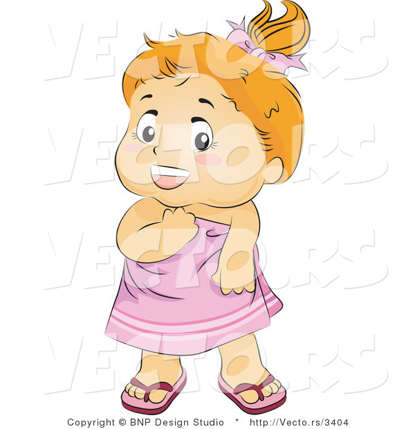 Vector of Happy Baby Girl Wearing Pink Towel and Flip Flops