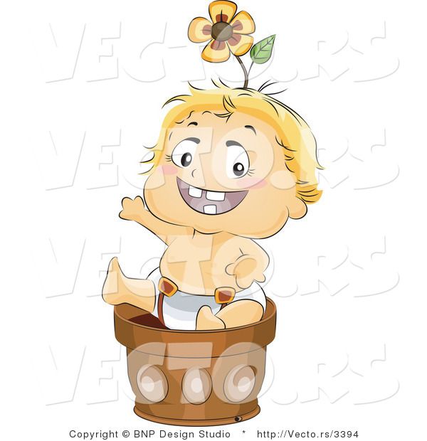 Vector of Happy Baby in a Pot with a Flower on His Head