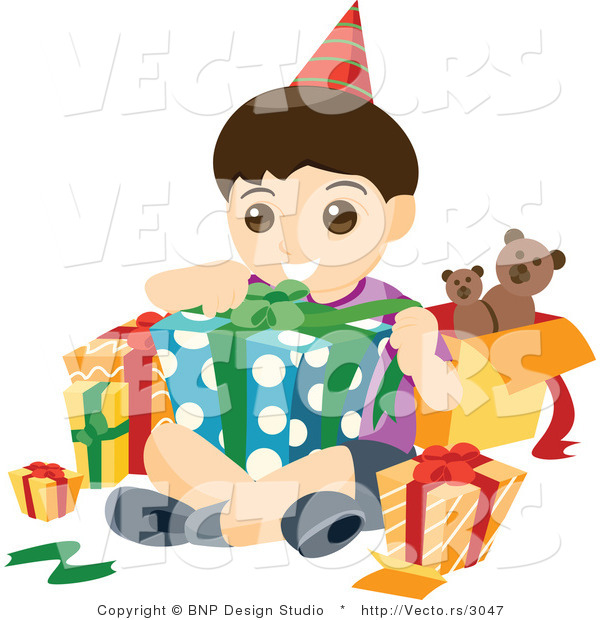 Vector of Happy Birthday Boy Opening His Presents