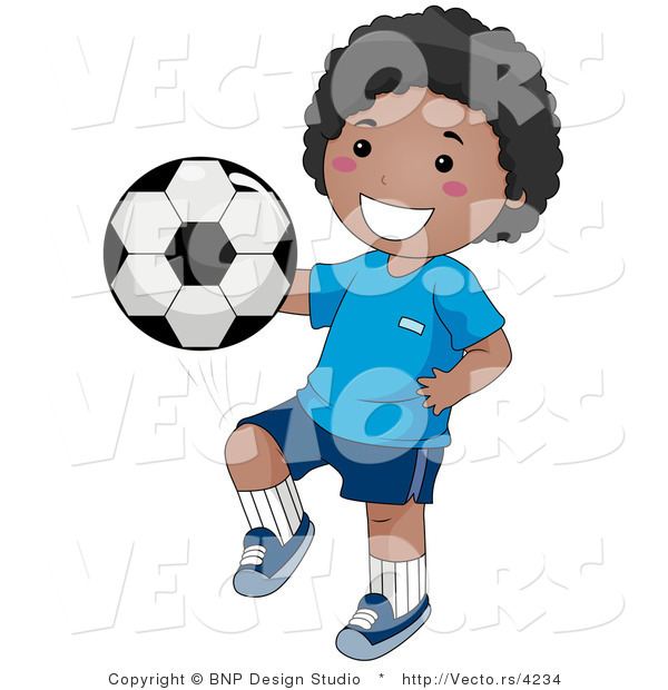 Vector of Happy Black Boy Kneeing Soccer Ball