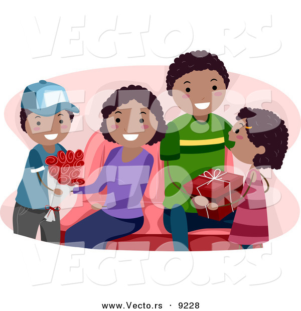 Vector of Happy Black Children Giving Their Parents Valentine's Day Gifts