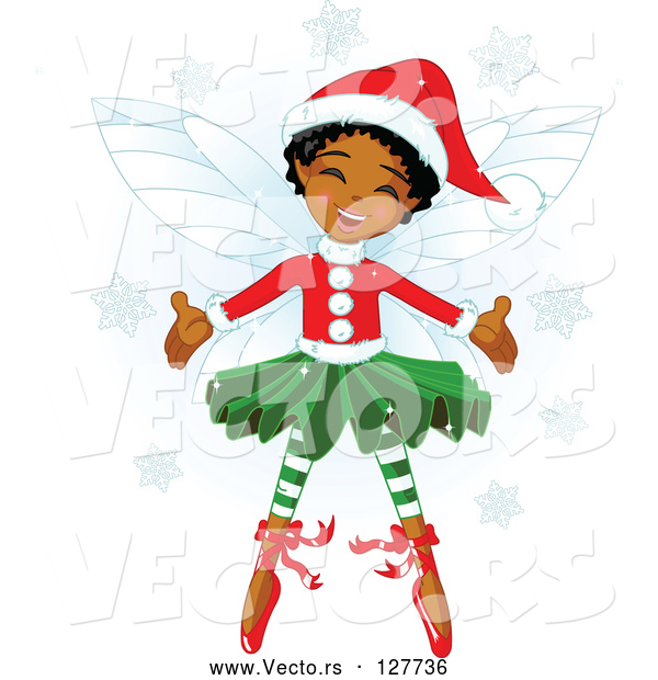Vector of Happy Black Christmas Fairy Girl in Christmas Clothes