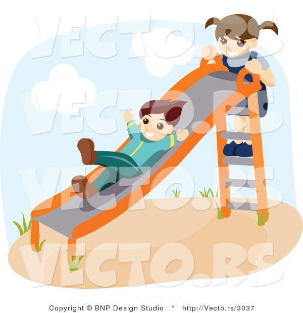 Vector of Happy Boy and a Girl Playing on a Slide at a Playground