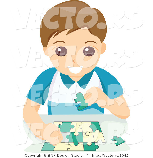 Vector of Happy Boy Assembling a Puzzle