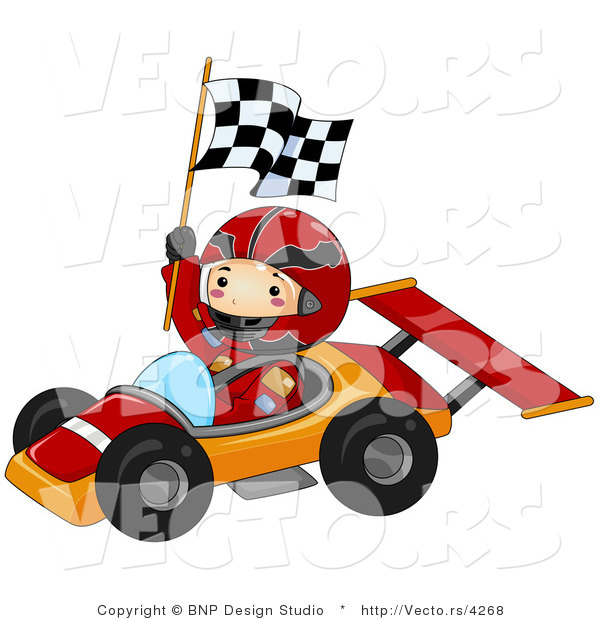 Vector of Happy Boy Waving Checkered Flag While Driving a Race Car