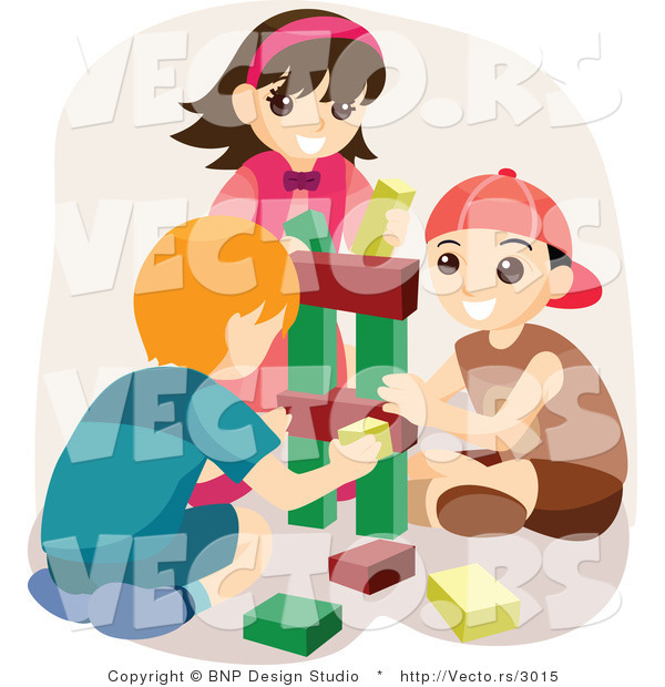 Vector of Happy Boys and a Girl Playing with Blocks