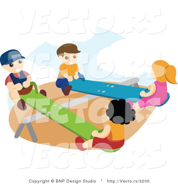 Vector of Happy Boys and Girls Playing on Teeter Totters at a Park