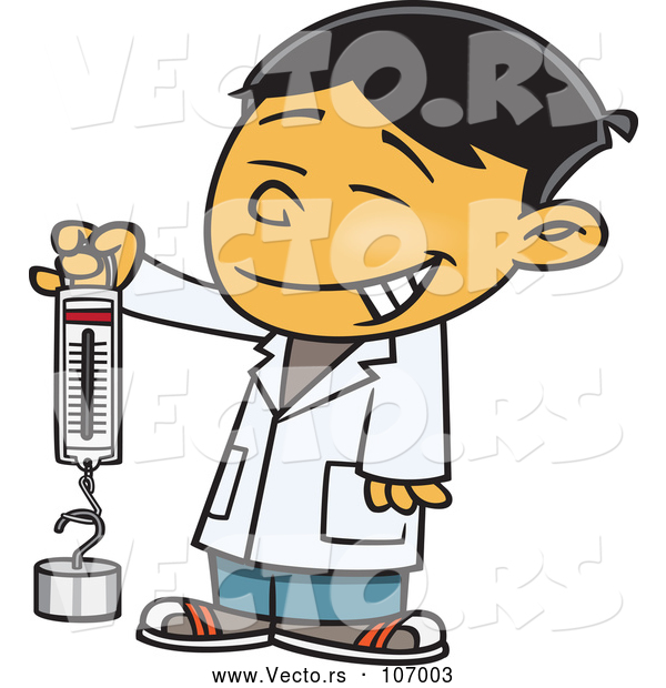 Vector of Happy Cartoon Asian School Boy Holding a Spring Scale