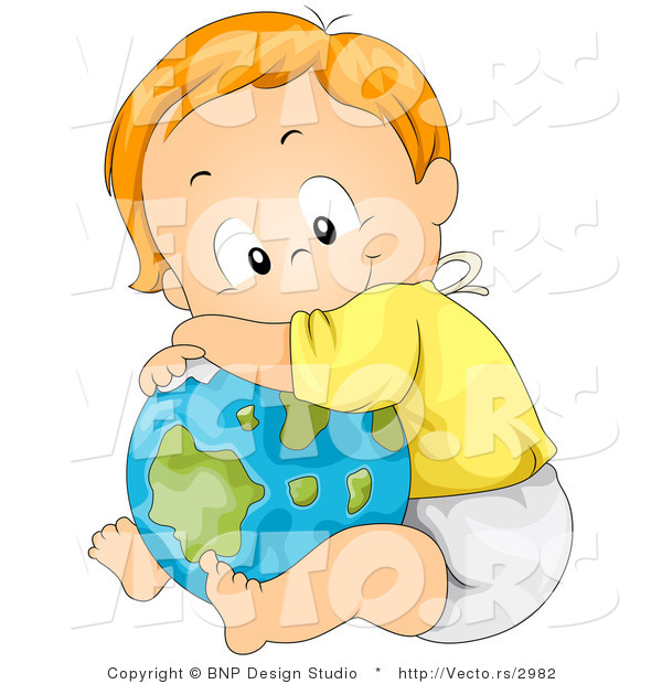 Vector of Happy Cartoon Baby Boy Resting Against a Globe