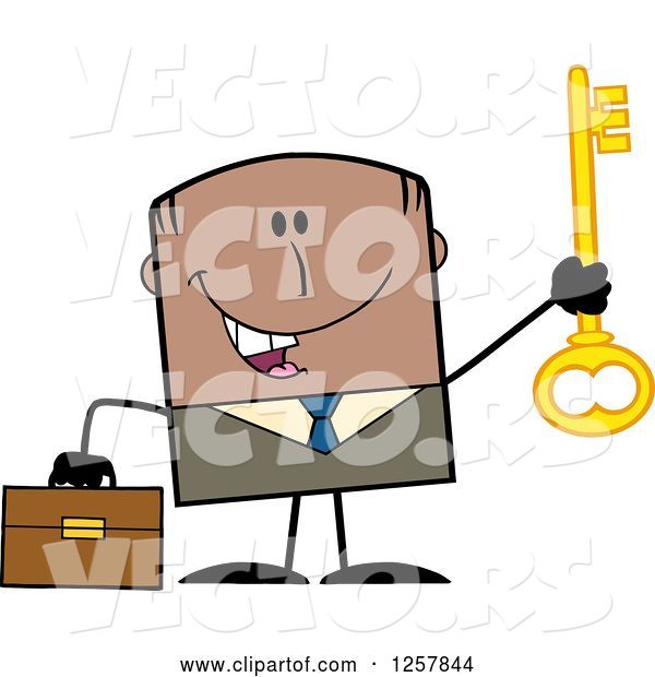 Vector of Happy Cartoon Black Business Man Holding up a Key to Success