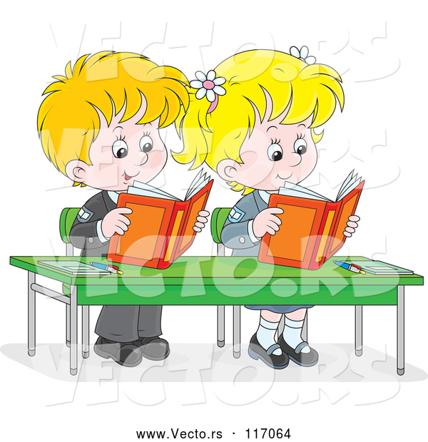 Vector of Happy Cartoon Blond School Children Reading Books at Their Desk