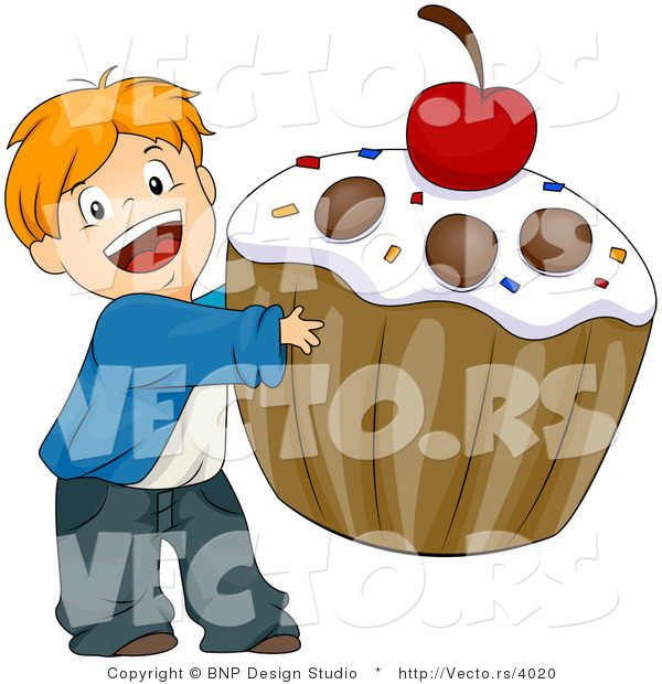 Vector of Happy Cartoon Boy Carrying Giant Cupcake with Cherry on Top