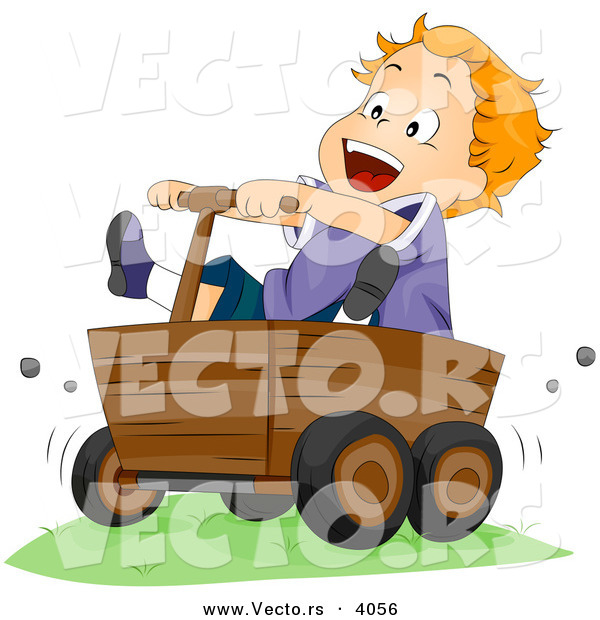 Vector of Happy Cartoon Boy Riding Wood Cart