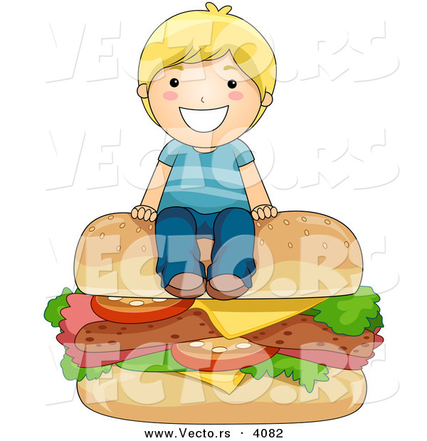 Vector of Happy Cartoon Boy Sitting on Big Cheeseburger