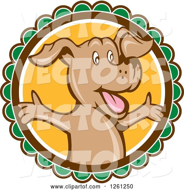 Vector of Happy Cartoon Brown Dog with Open Arms on a Round Label