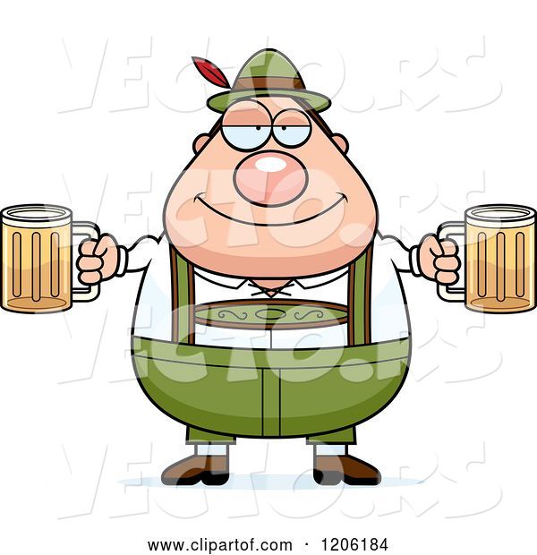 Vector of Happy Cartoon Chubby Oktoberfest German Guy Holding Two Beers