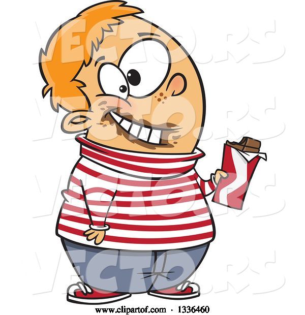 Vector of Happy Cartoon Chubby White Boy Holding a Chocolate Candy Bar, with Gloop on His Face
