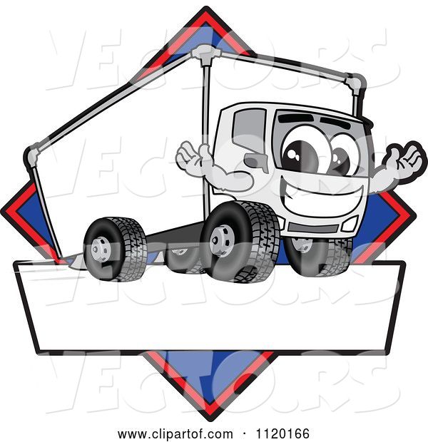 Vector of Happy Cartoon Delivery Big Rig Truck Mascot Sign or Logo with a Blue Diamond