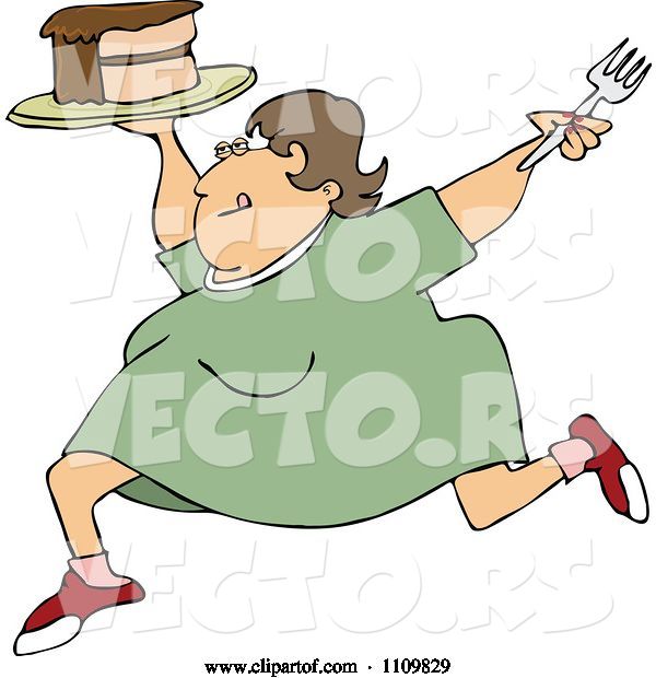Vector of Happy Cartoon Fat Lady Running with Cake