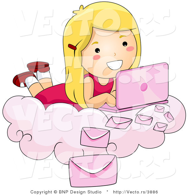 Vector of Happy Cartoon Girl Laying on a Cloud While Sending Email with Pink Laptop Computer
