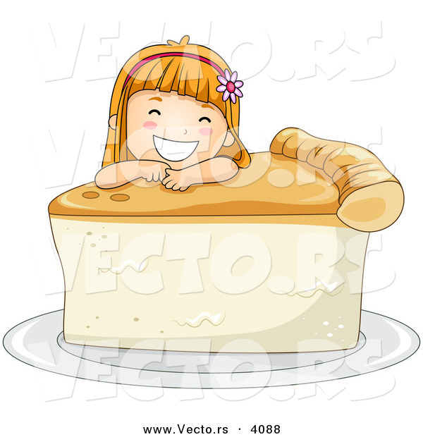 Vector of Happy Cartoon Girl Leaning on Big Slice of Pie