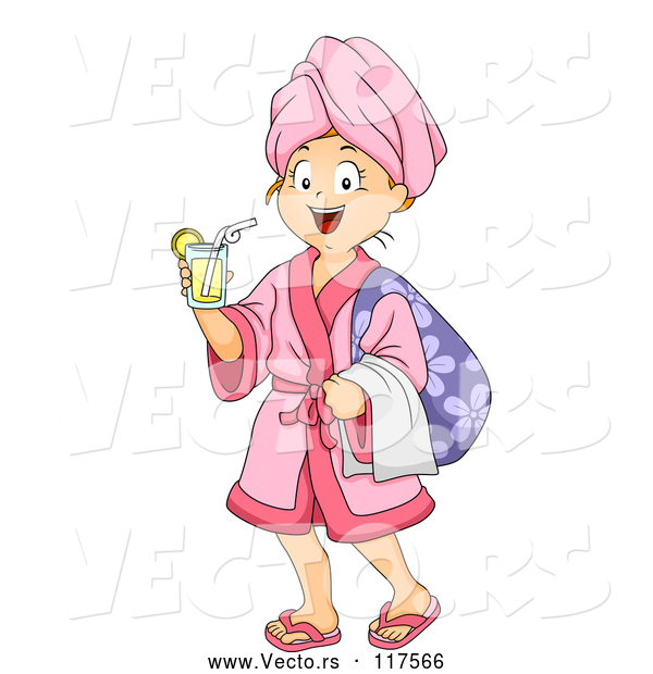 Vector of Happy Cartoon Girl with a Drink and Robe at a Spa