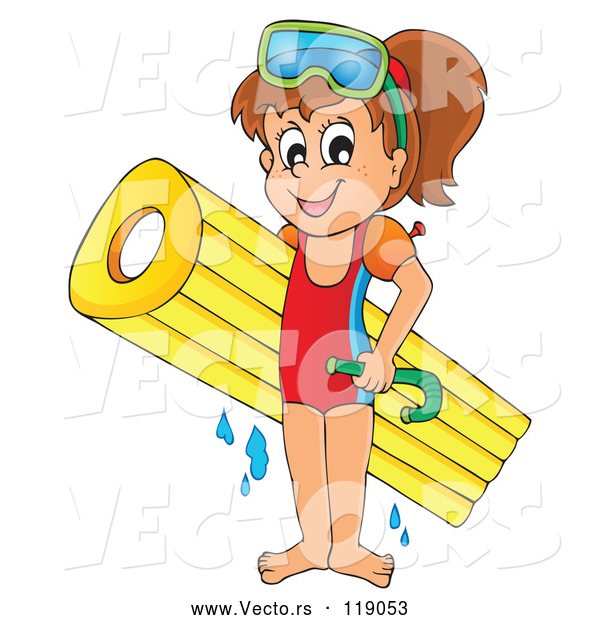 Vector of Happy Cartoon Girl with an Inflatable Mattress and Snorkel Gear