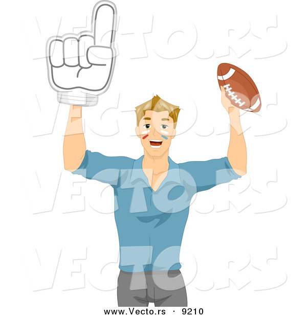 Vector of Happy Cartoon Guy Holding up a Number One Hand Glove and Football