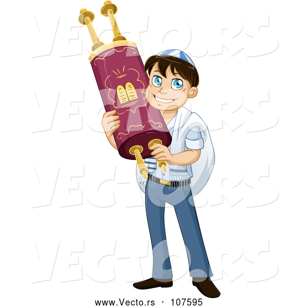 Vector of Happy Cartoon Jewish Boy Holding a Torah for Bar Mitzvah