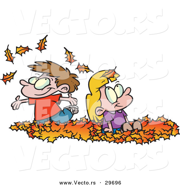 Vector of Happy Cartoon Kids Playing in a Pile of Autumn Leaves