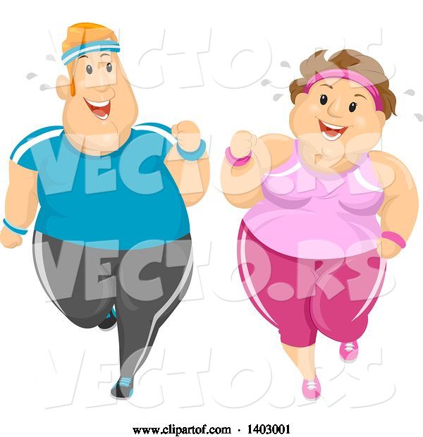 Vector of Happy Cartoon Overweight White Couple Jogging and Working out Together