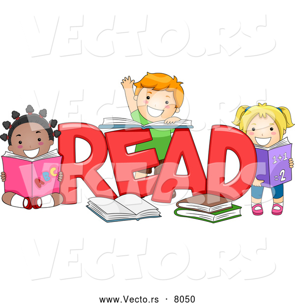 Vector of Happy Cartoon Preschool Children Beside the Word 'READ'