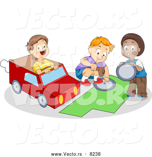 Vector of Happy Cartoon School Boys Making a Paper Car