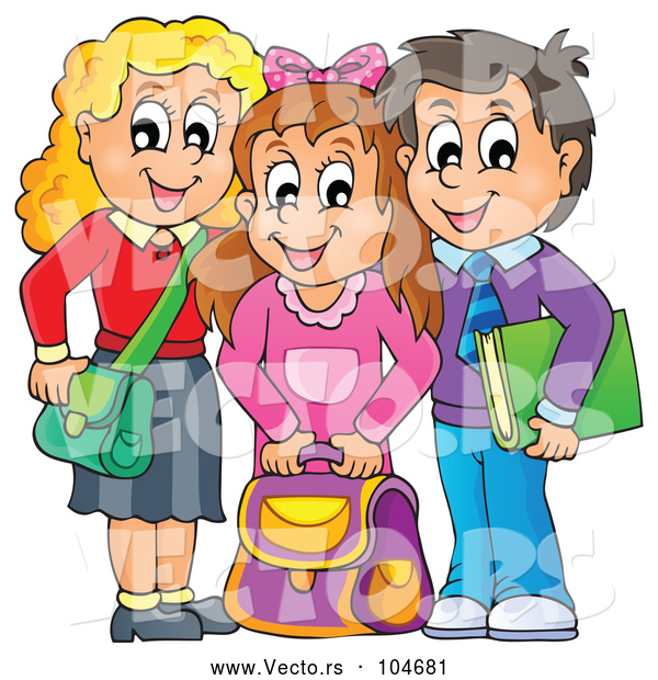 Vector of Happy Cartoon School Children with Their Bags