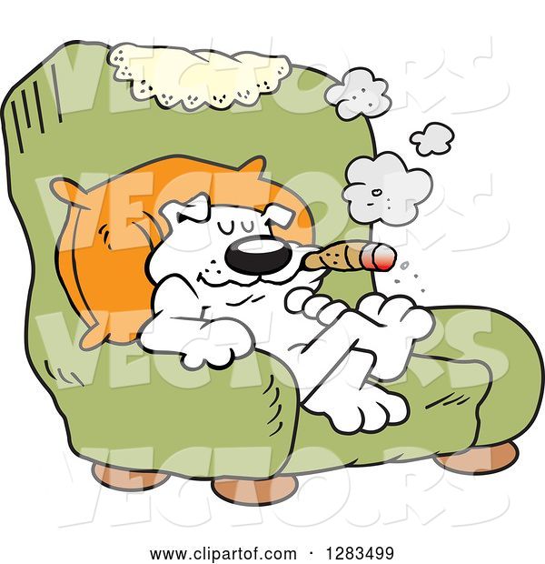 Vector of Happy Cartoon White Boss Dog Smoking a Cigar in a Green Arm Chair