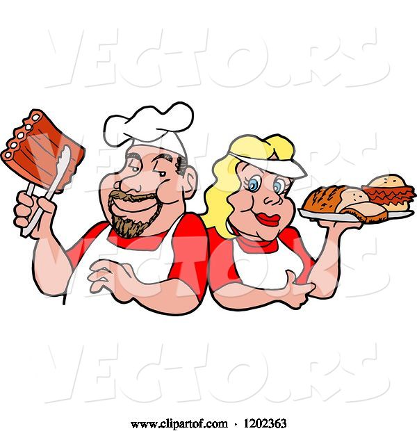 Vector of Happy Cartoon White Chef Couple Holding Ribs and a Plate of Bbq Foods
