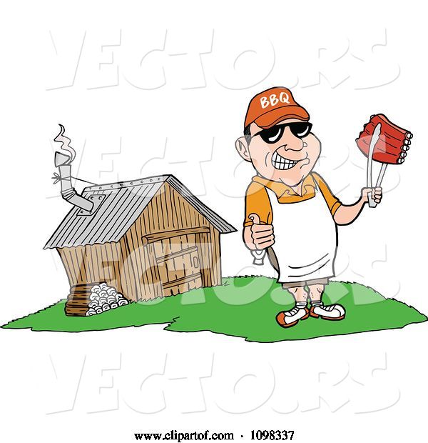 Vector of Happy Cartoon White Chef Holding a Thumb up and Ribs with Tongs by a Smoke House