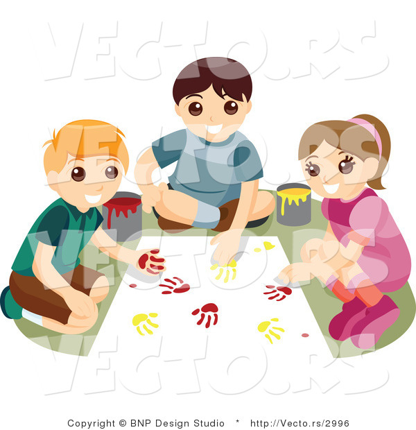 Vector of Happy Children Making Art with Paint Hand Prints